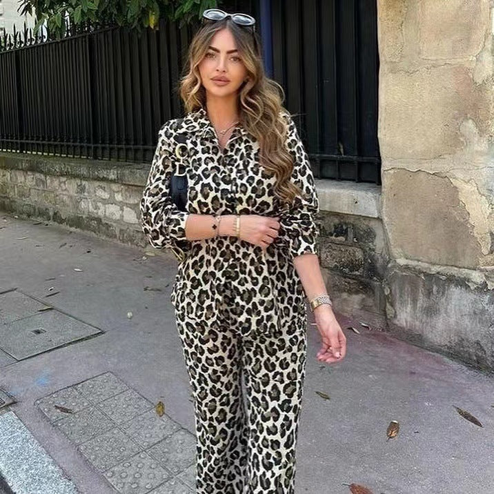 Women's Fashion Leopard Print Shirt Straight Pants Suit