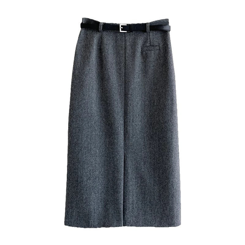 Gray Women's Autumn And Winter Thickened High Waist Mid-length Commuting Figure Flattering Sheath Skirt