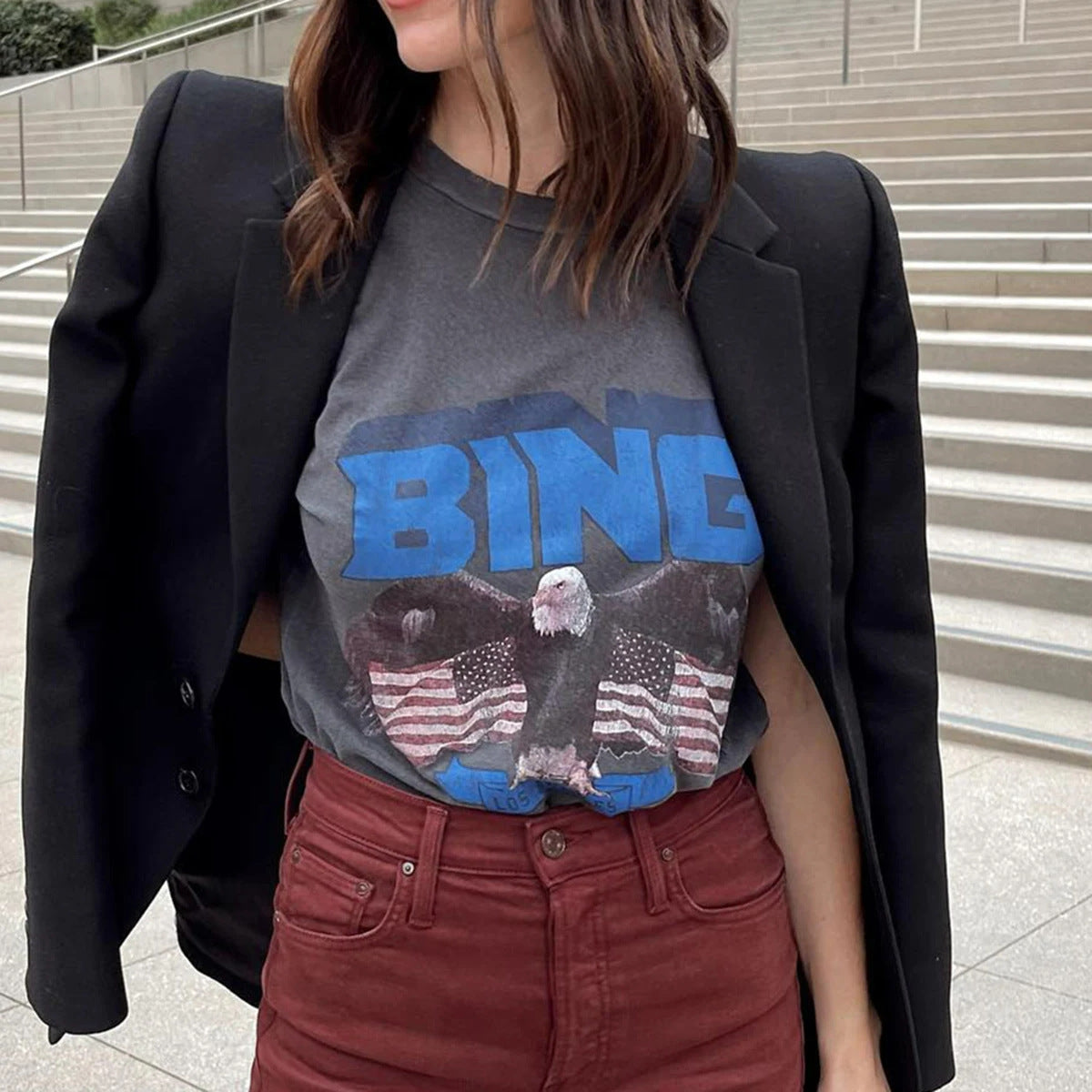Women's Printed Round Neck Loose Short Sleeves T-shirt
