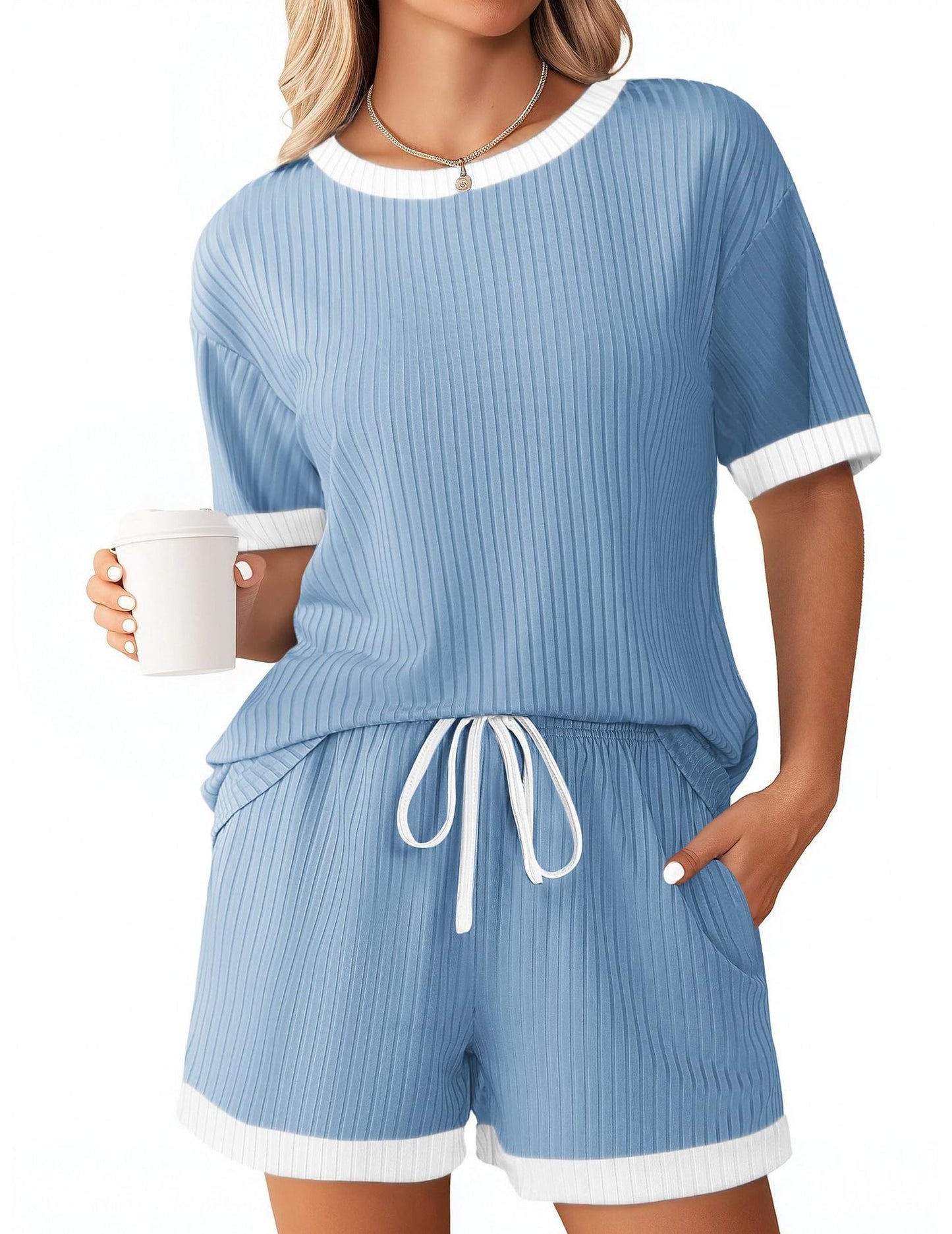Solid-color Ribbed Patchwork Color-block Pajama Short-sleeve Loungewear Set