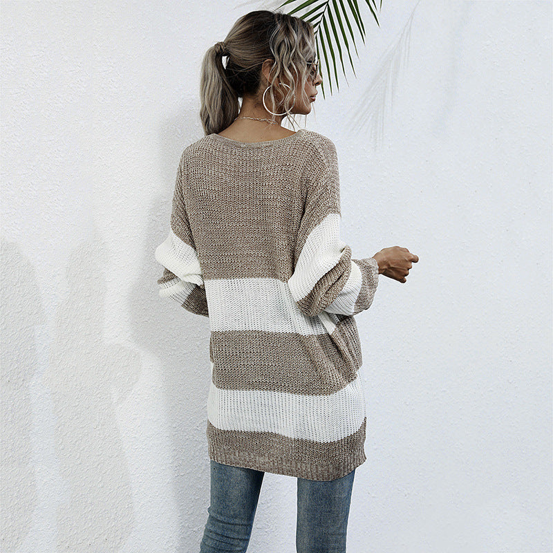Striped Color Matching Knitted Inner Match Female Mid-length Sweater