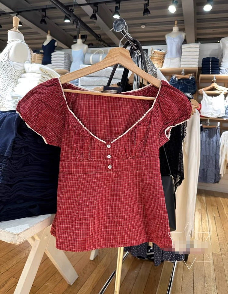 Women's Three-button Lace Collar Red Cell Pattern Short-sleeved Top