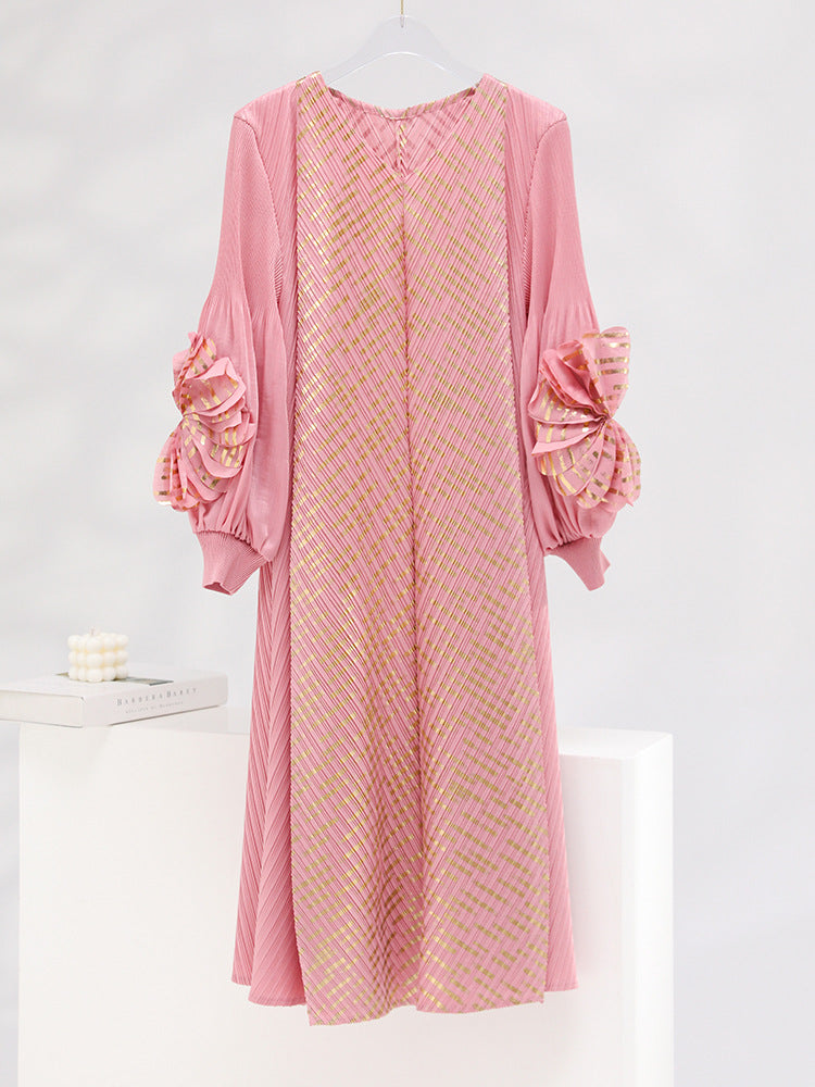 High-grade Bronzing Plate Flower V-neck Temperament Mid-length Pleated Dress