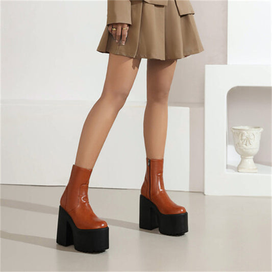 Women's Chunky Heel Round Toe Platform Booties
