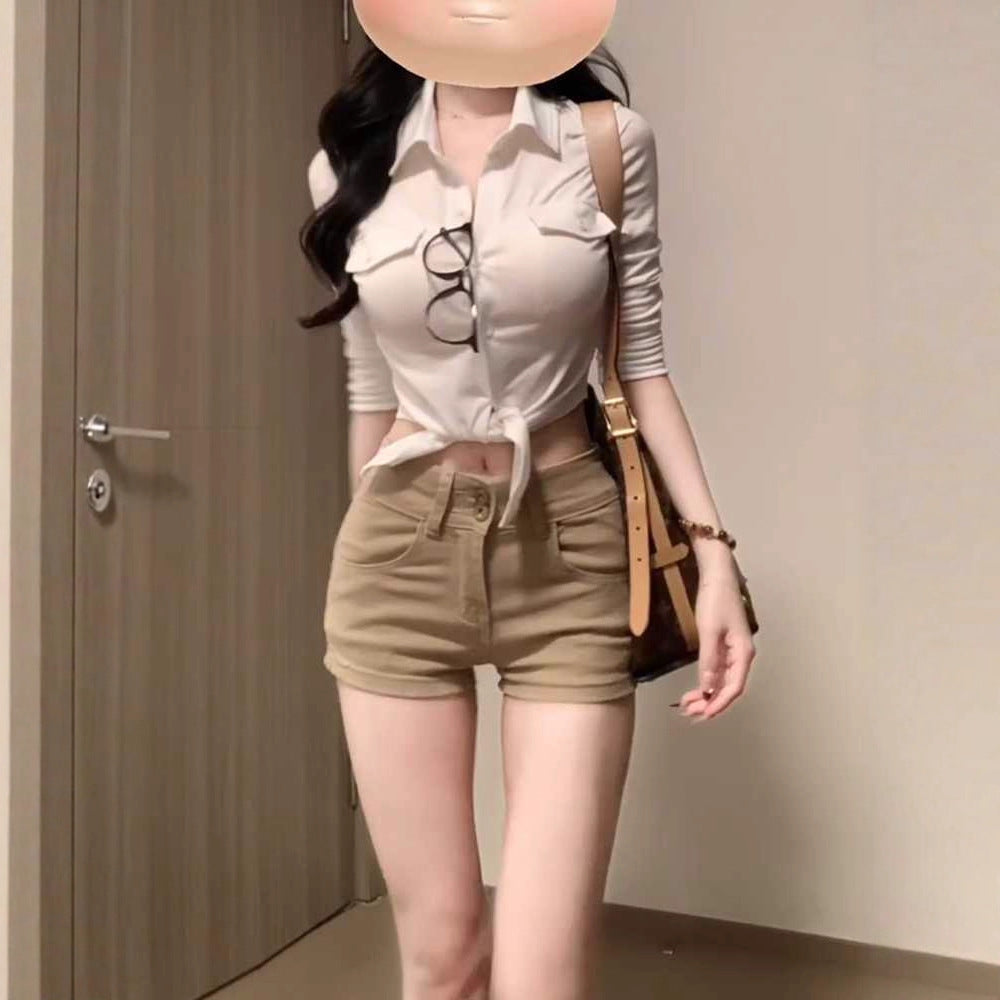 Khaki Double-Button Denim Shorts Women's Summer Style