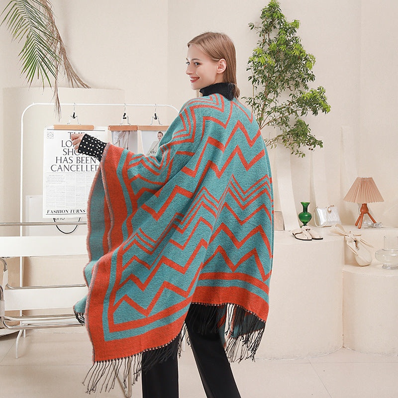 Fashionable With Side-slit Shawl Cape Herringbone Wave Scarf Shawl Suitable For Chinese