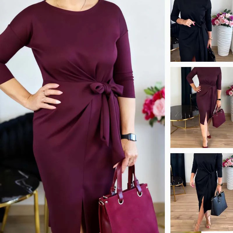 Bow-tie Strap Three-quarter Sleeve Crew-neck Dress