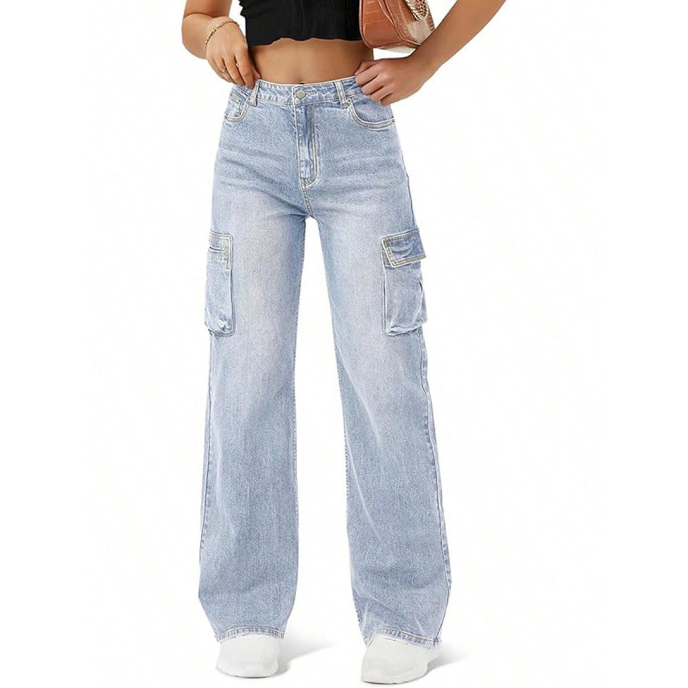 Stilfulde, unikke denimjeans med lige ben med klap og overdimensionerede lommer