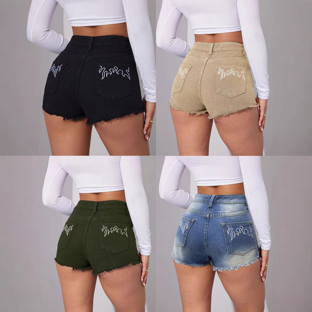 Stylish Non-Stretch Mid-Waist Embroidered Denim Shorts For Women
