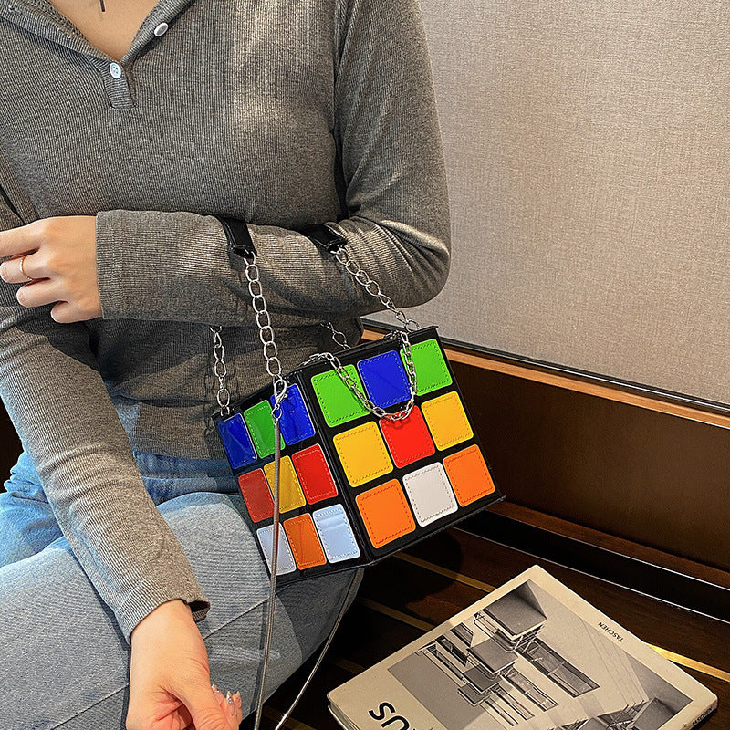 Fashion Color Contrast Cute Personality Creative Rubik's Cube Shape Portable Hand-carrying Chain Bag