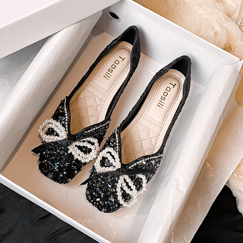 New Square Toe Flats Classic Style Rhinestone Pearl Shoes