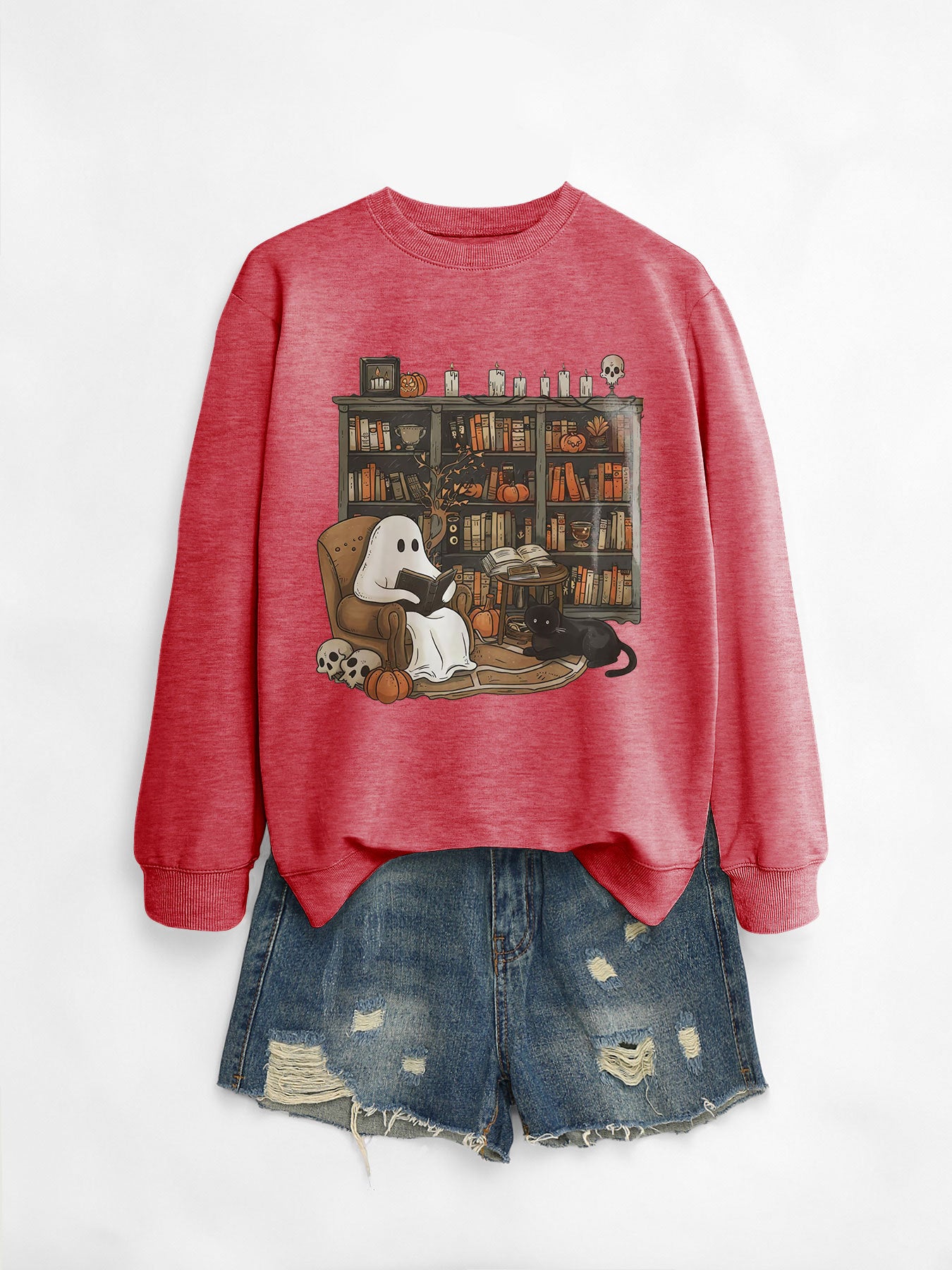 Printed Bookshelf Ghost Black Cat Round Neck Sweater