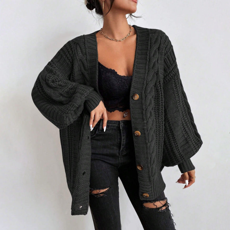 V-hals Sweater Dame Retro Fashion Løs Twist Strikket Jakke
