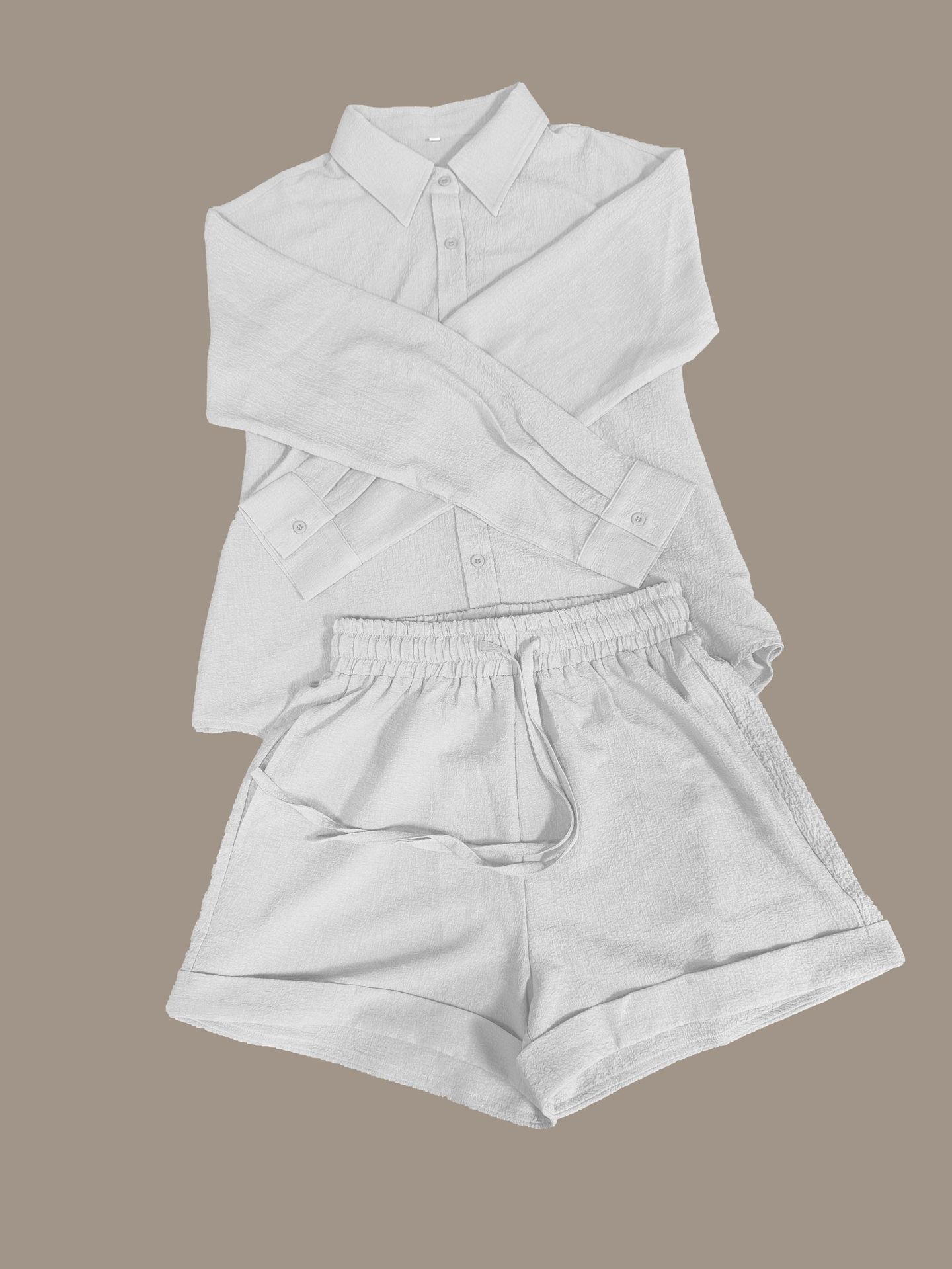 Turn-down Collar Long-sleeve Shirt And Drawstring Shorts Set