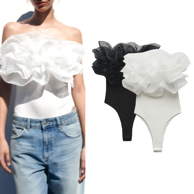 Strapless Straight Collar Transparent Organza Laminated Decoration Rib Jumpsuit