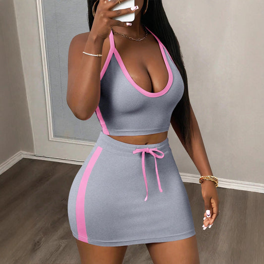 Color-Block Halterneck Lace-Up Backless Tank Top And Sheath Midi Skirt Set