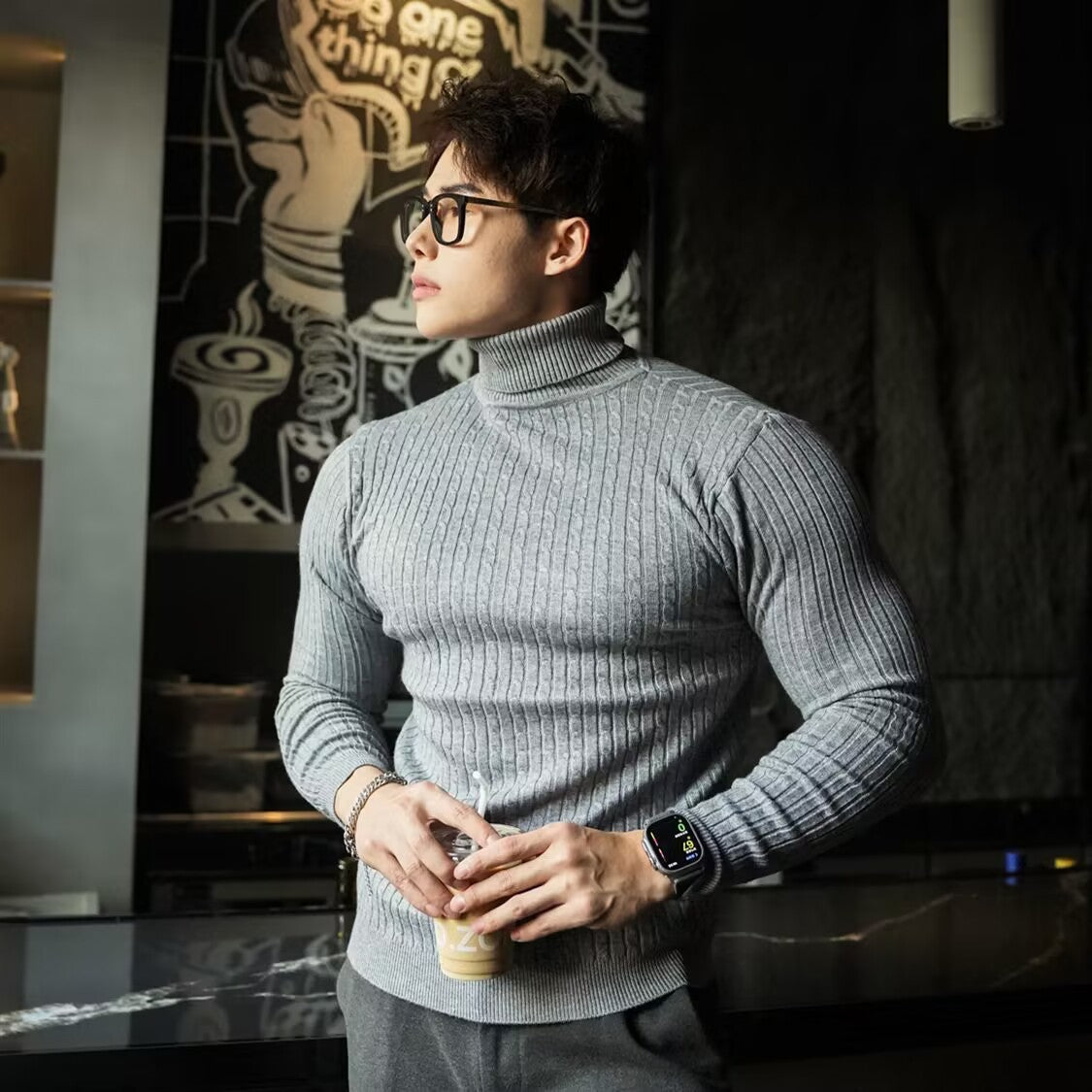 Men's High-neck Slim-fit Solid Color Twisted Knit Sweater