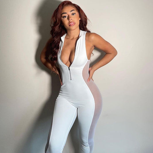Women's New Mesh Solid Color Sleeveless Yarn Stitching Jumpsuit