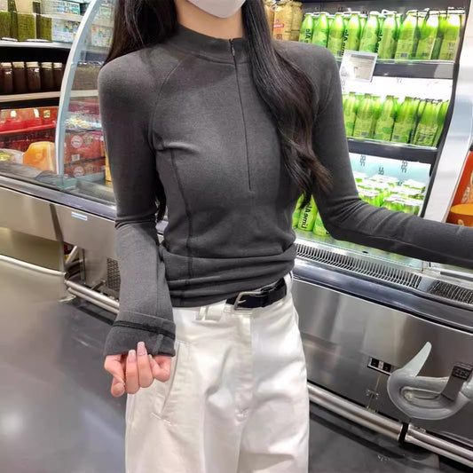Grå Halv Turtleneck Tætsiddende Dralon T-shirt Slim Fit Undertrøje Langærmet Bundtrøje
