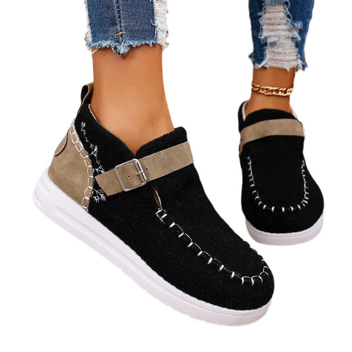 Thick Burr Warm Flat Bottom Cotton Shoes