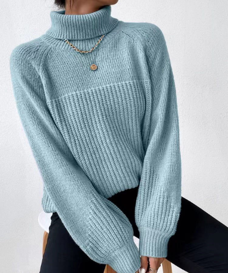 Simple Lapel Raglan Sleeves Pullover Knitted Sweater Women
