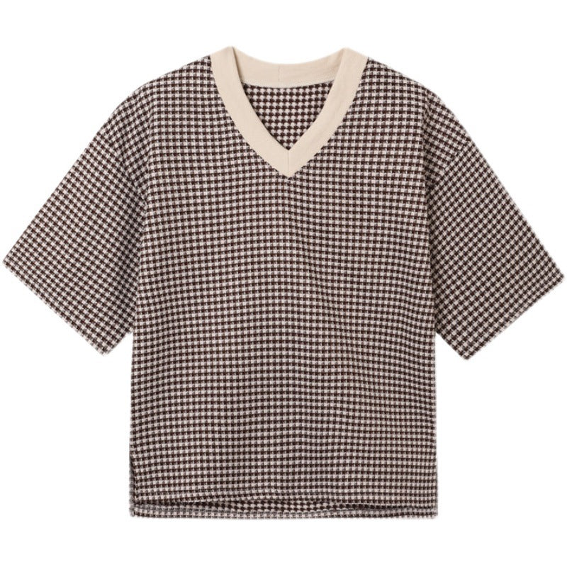 Half-sleeve Loose Plaid Body Shirt Five-sleeve Top