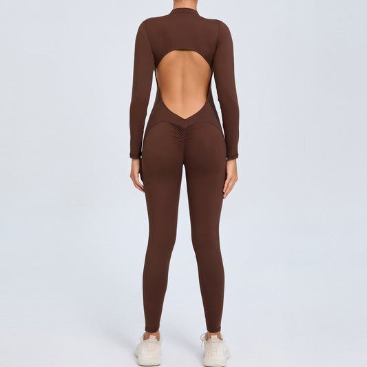 Women's Solid Color Backless Long-sleeve Zipper One-piece