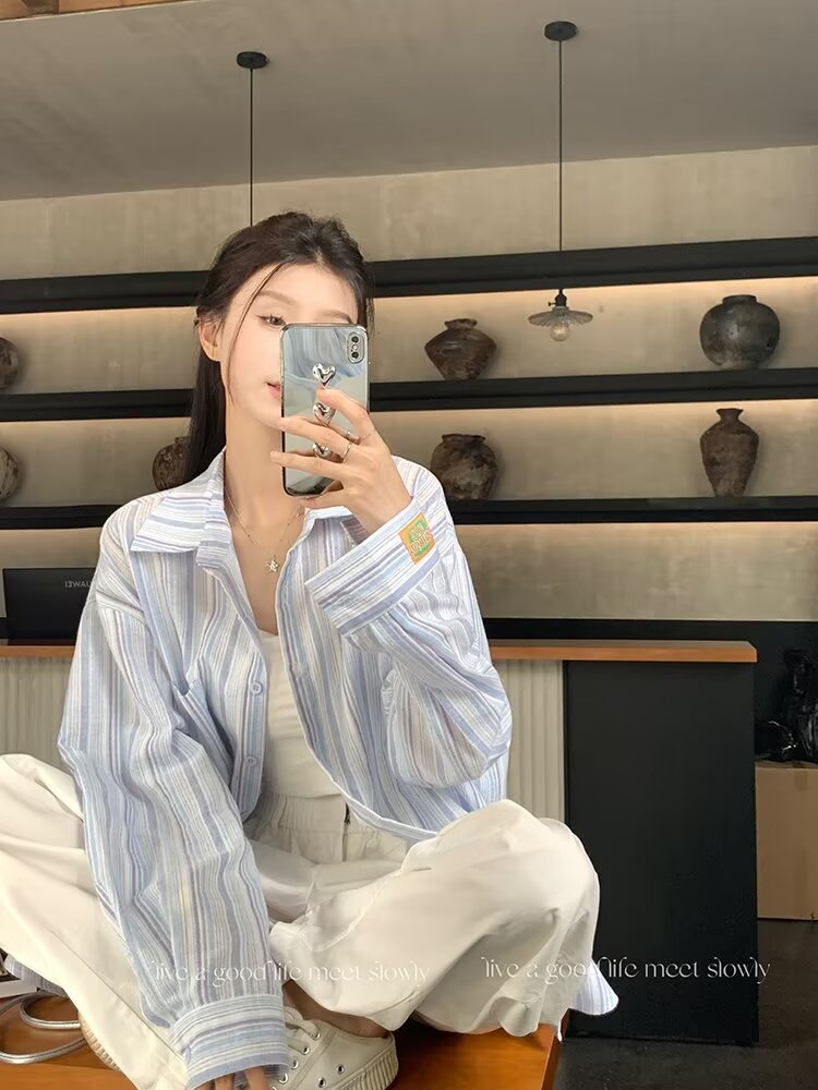 Sun Protection Top Women's Long-sleeved Striped Casual Shirt