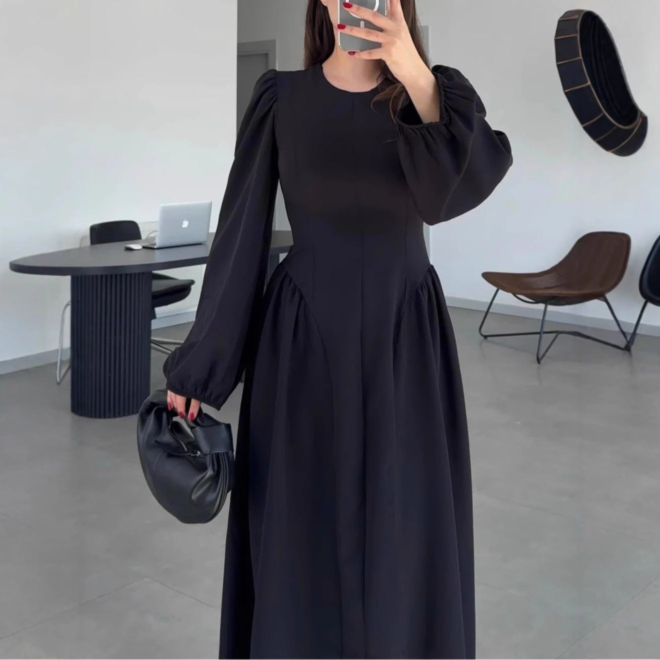 Long-sleeve Flared Waist-cinched Elegant Dress