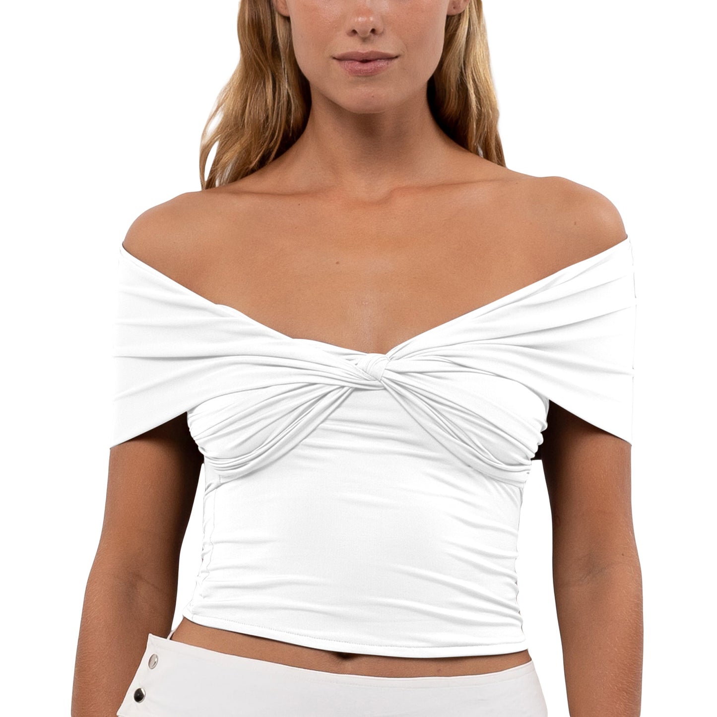 Ensfarvet ærme, off-shoulder, plisseret, stram, kort top