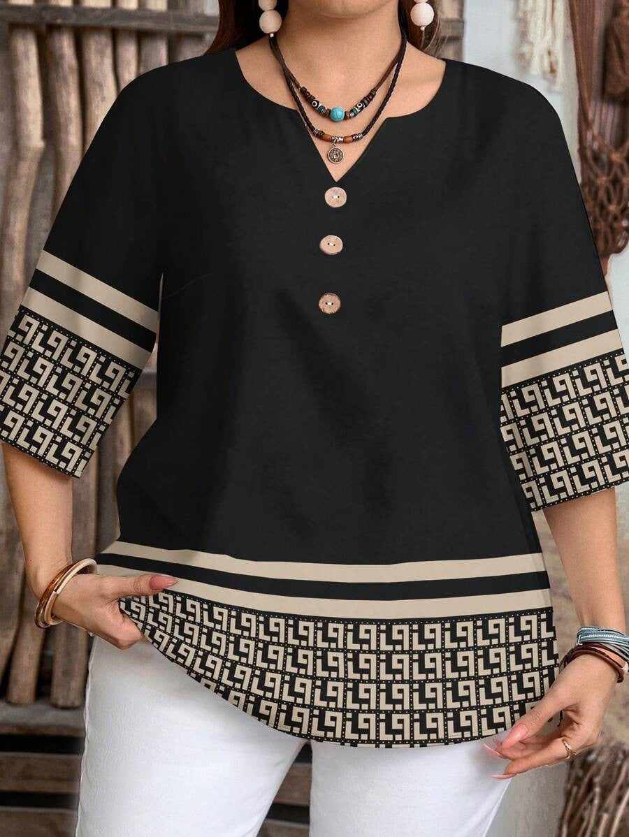 Plus-size Womens Casual All-over Print V-neck Button-decorated Loose-fit 35 Sleeve Shirt For Spring And Summer