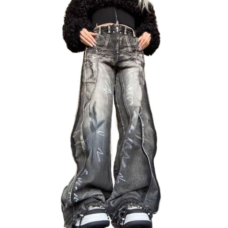 Graffiti-jeans i amerikansk stil til kvinder – plus size, vasket look