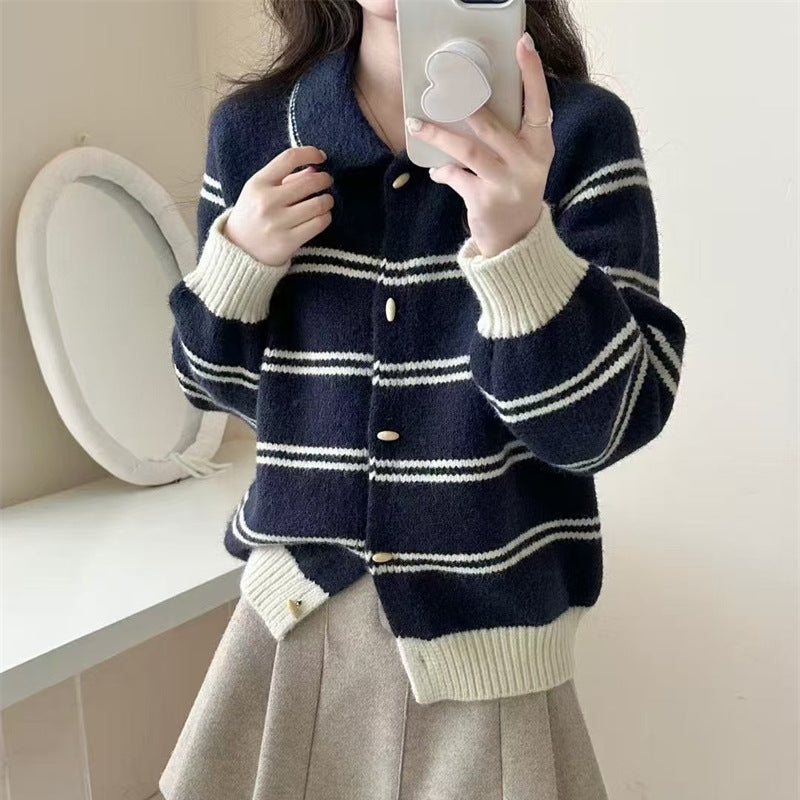 Korean Style Contrast Color Striped Lapel Sweater Cardigan