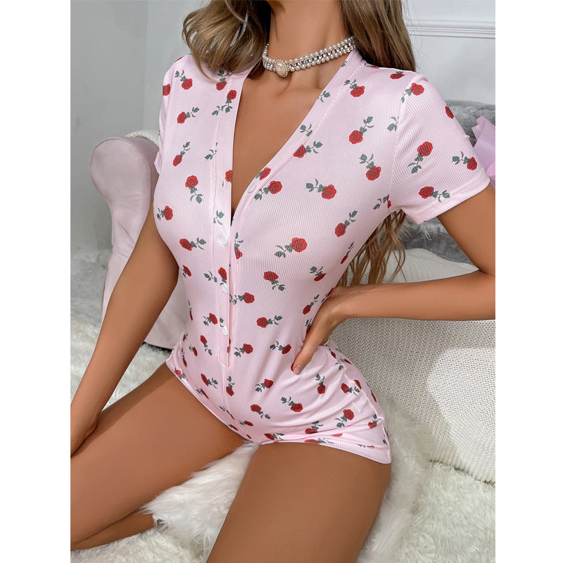 New European And American-style Slimming One-piece Jumpsuit With A Rose Pattern