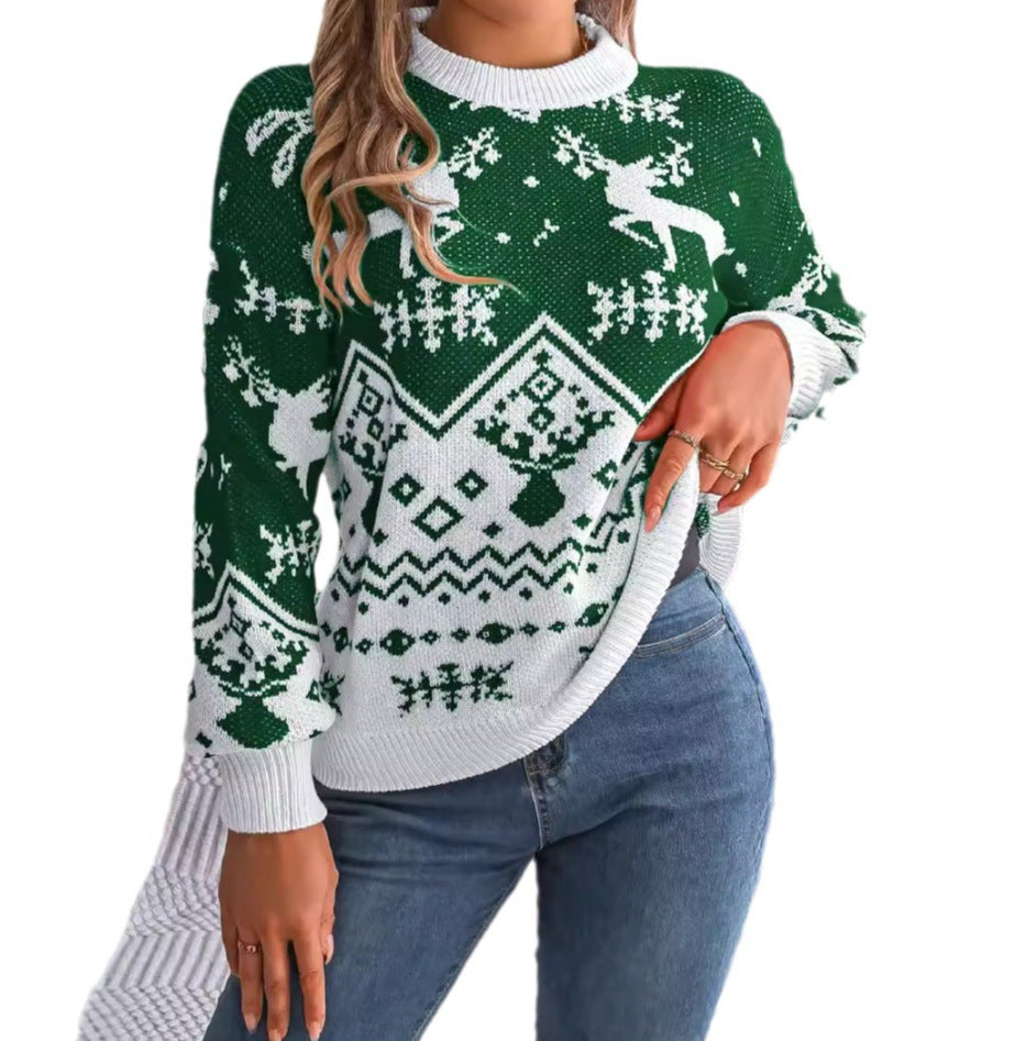 Nytår Efterår Vinter Casual Trøje med Høj Krave med Lange Ærmer, Hjortemønster, Jul, Til Kvinder, Rød Grøn Strikket Pullover Jumper