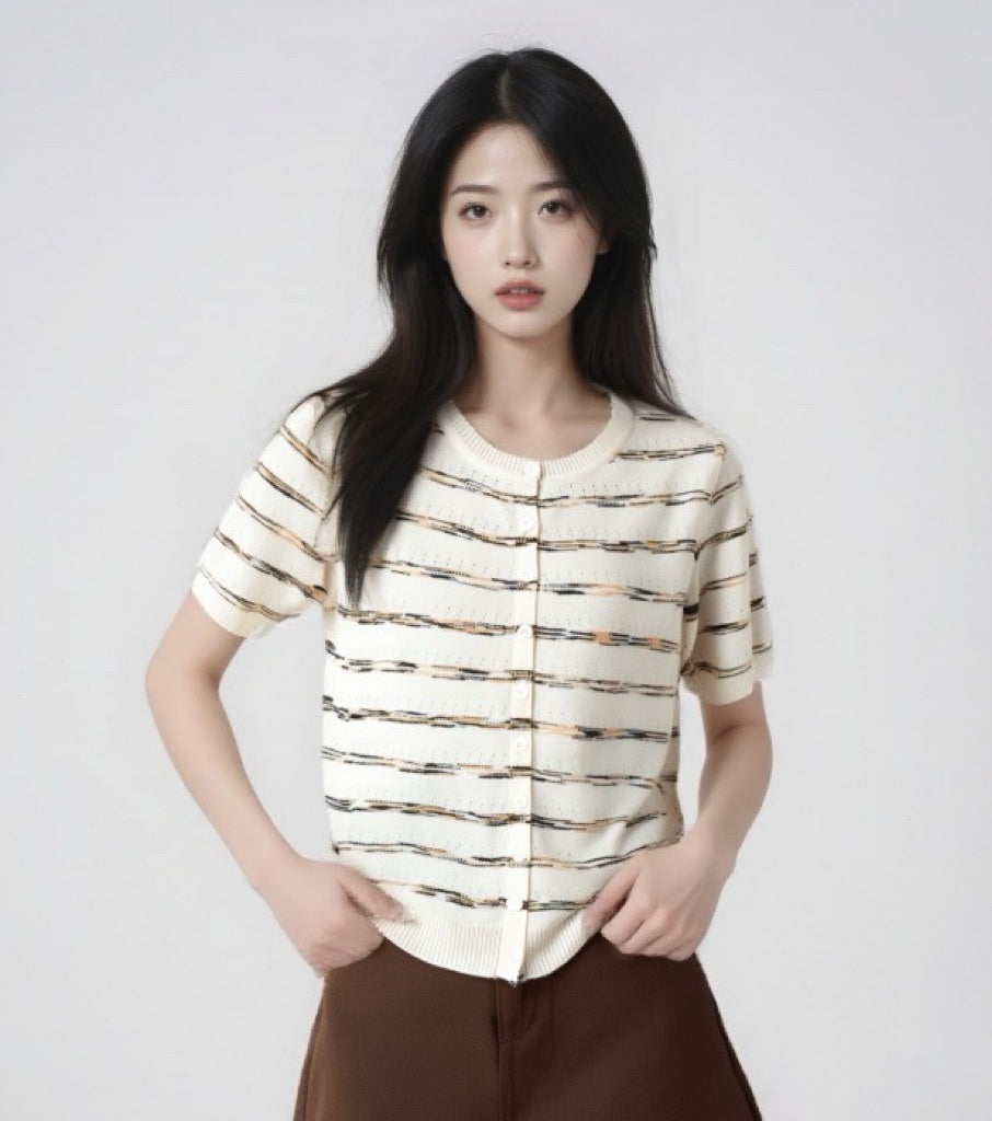 Womens French Chanel-style Striped Ice Silk Knit Top With Short Sleeves