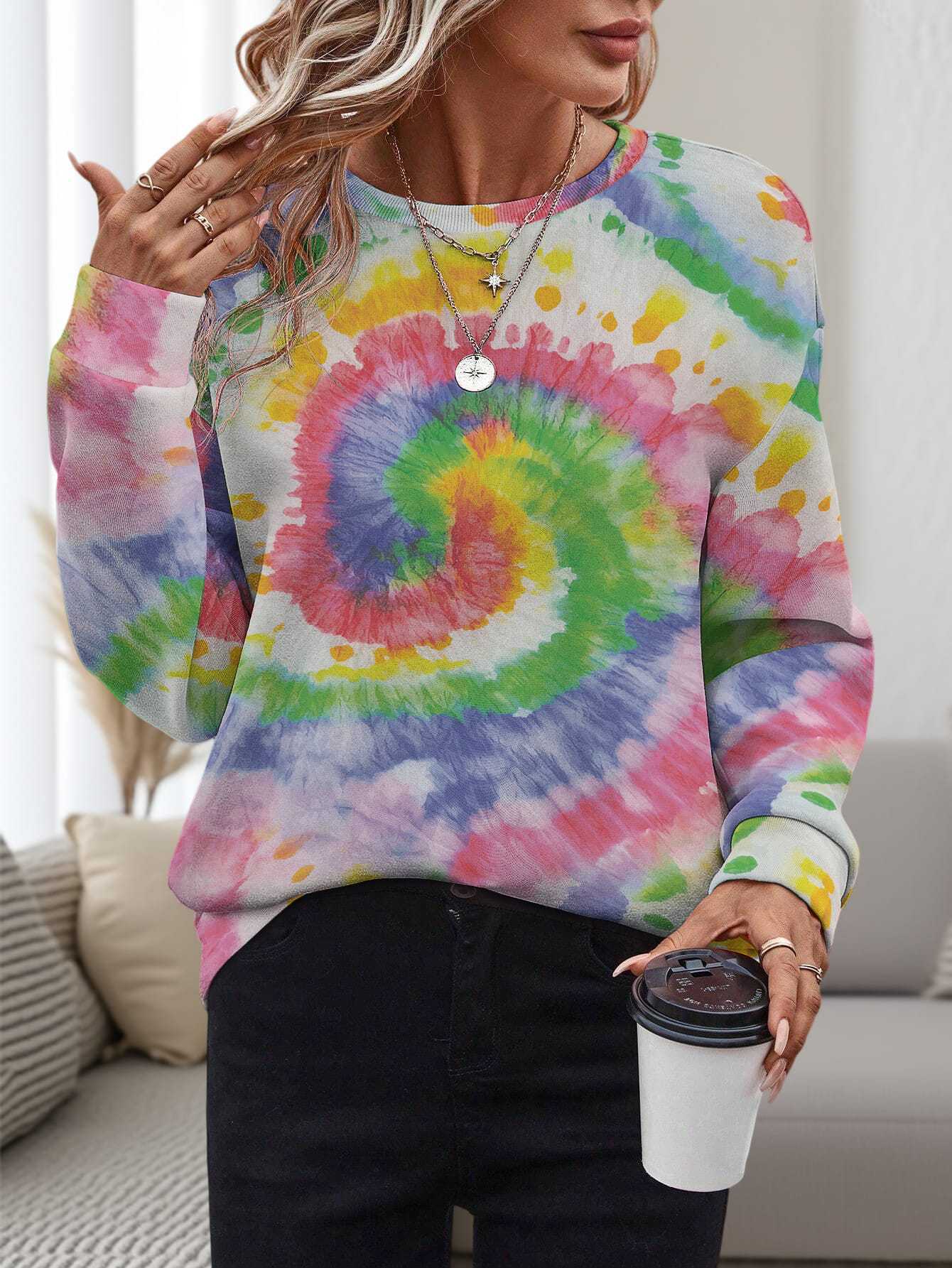Dame 3D-printet rundhalset pullover, løs fritidstrøje
