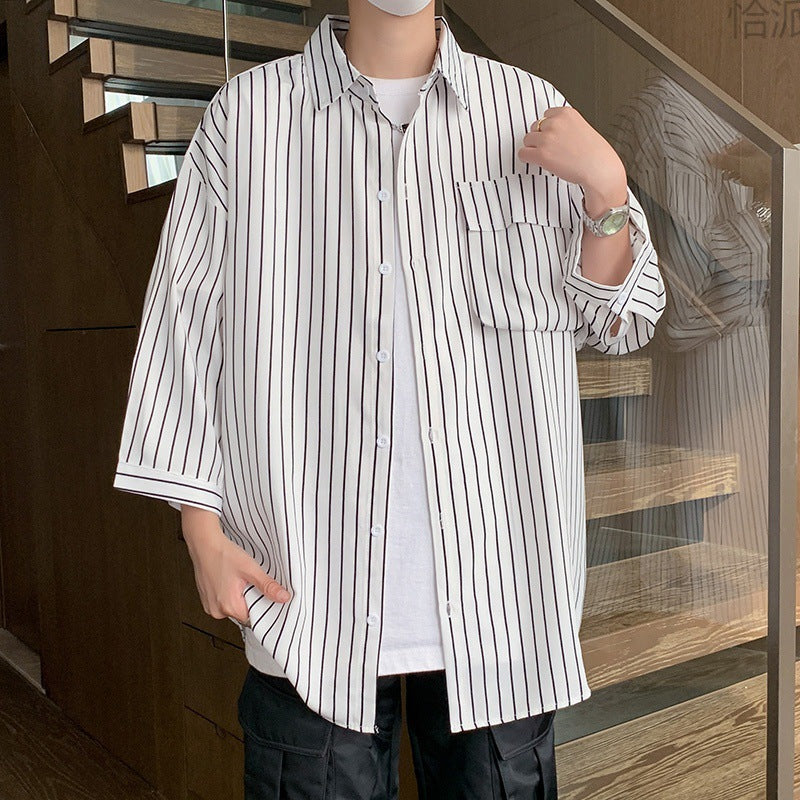 Striped Overalls Short Sleeve Shirt Men's Loose Shirt