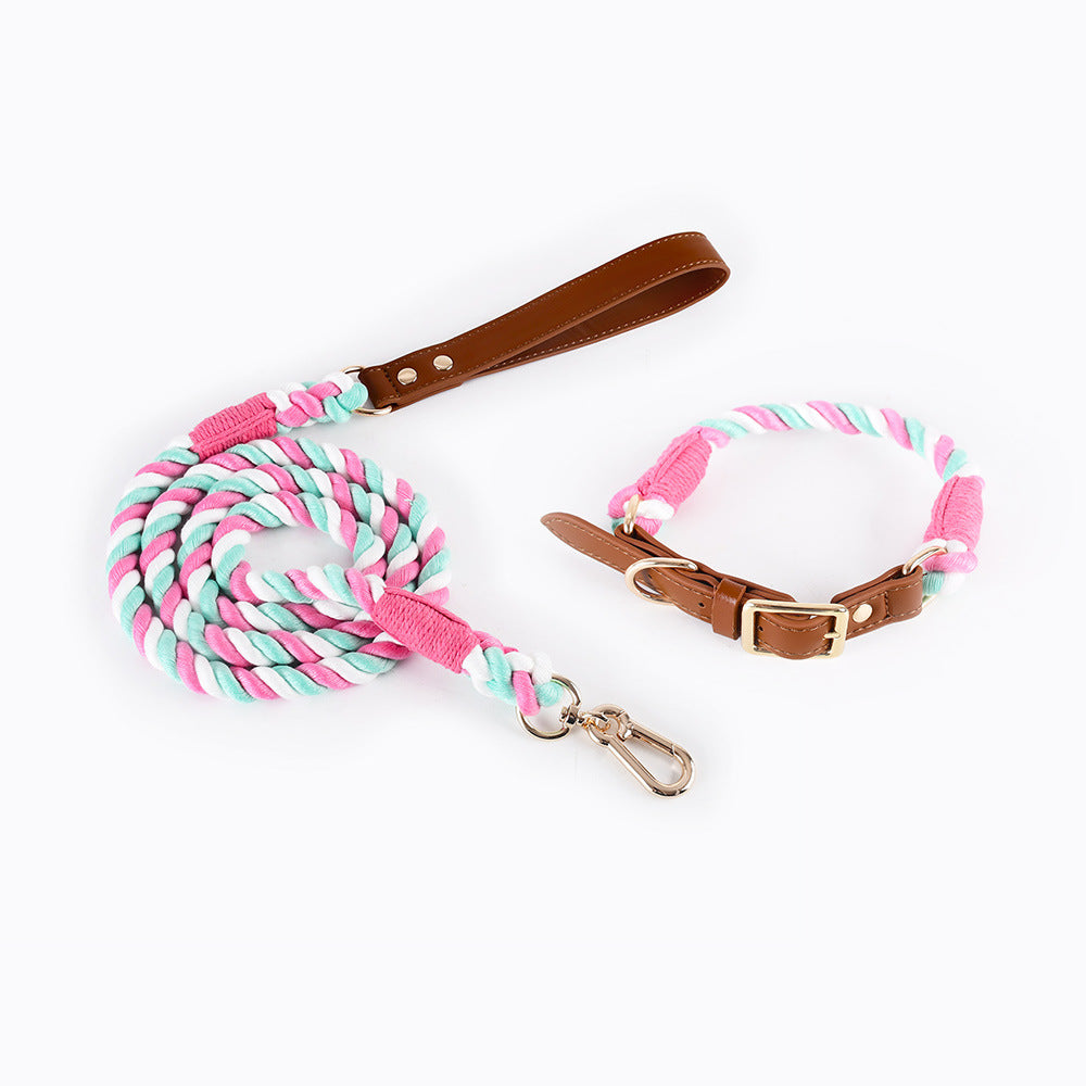 Woven Cotton Rope Leather Pet Dog Collar Suit
