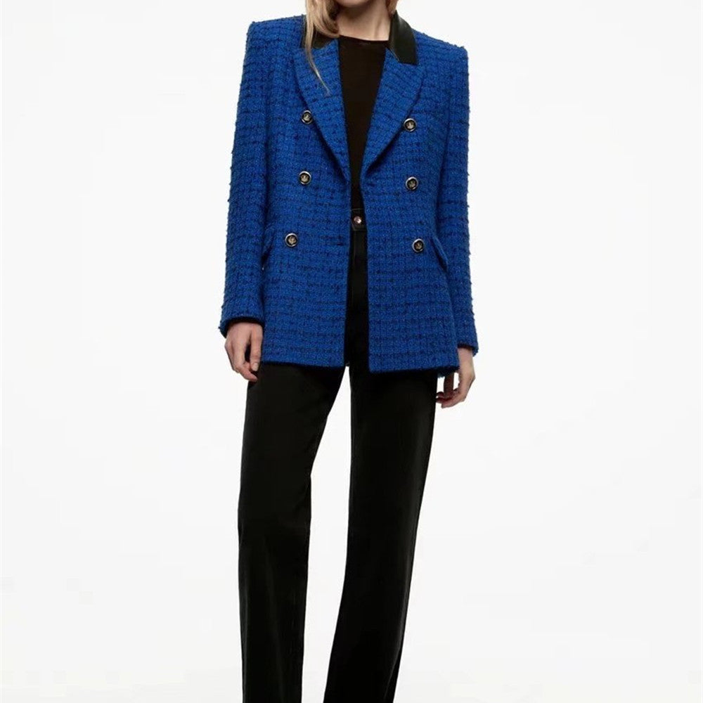 Women's Faux Leather Stitching Textured Suit Jacket