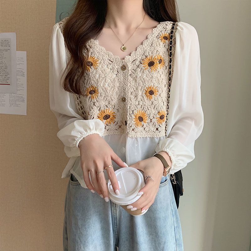 Early Autumn National Style Top Hollow Design Sunflower Embroidery Slightly Breathable Western Style Small Shirt Outer Wear