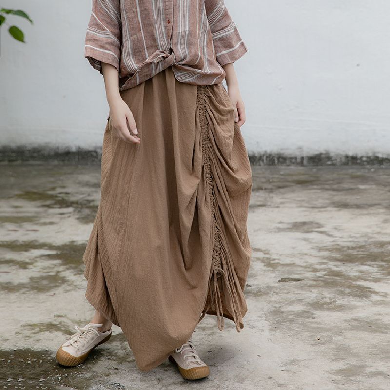 Irregular Drawstring Lace Linen Long Skirt Travel Loose Slimming Distressed