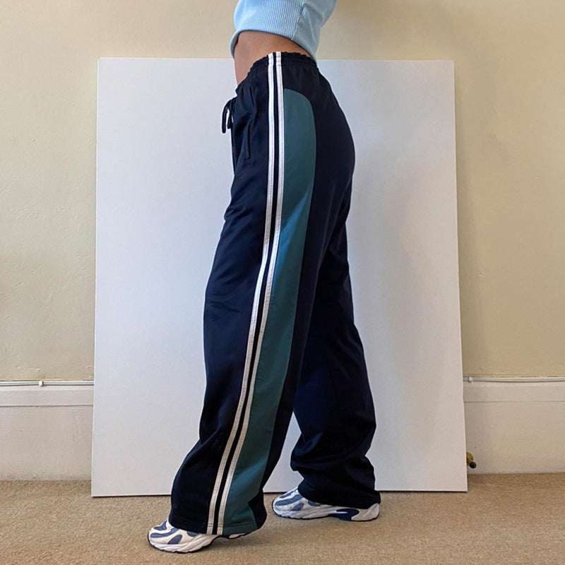 Loose Version Of Personalized Street Color-blocking Design Ribbon Women's Casual Pants