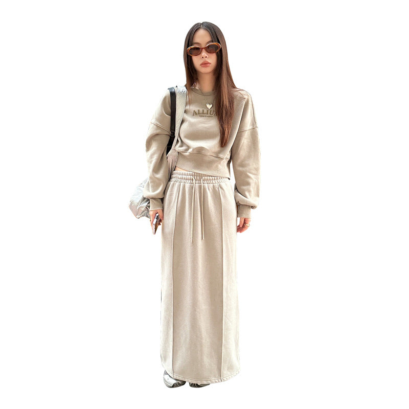 Thickened Fleece-lined Sunken Stripe Half-length Straight Slim-fit Slimming Solid Color Mid-length Dress