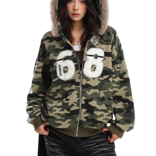 Camouflage Fur Collar Hooded Sweater
