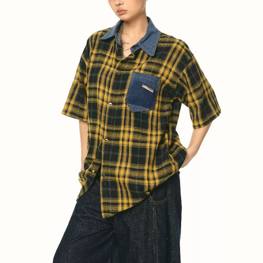 Plaid Color Contrast Patchwork Niche Short-sleeved Shirt Summer Retro