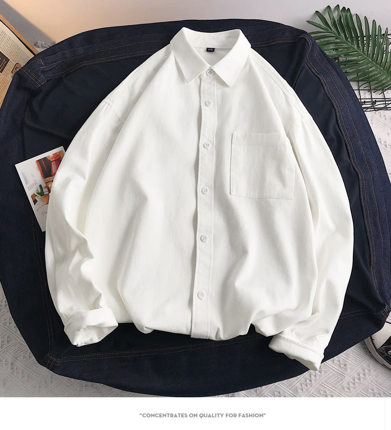 Heavyweight Casual White Cotton Long-sleeve Shirt