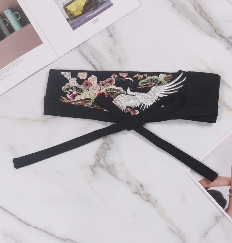 Flower Crane Embroidery Bow Tie Tie Belt Waist Seal
