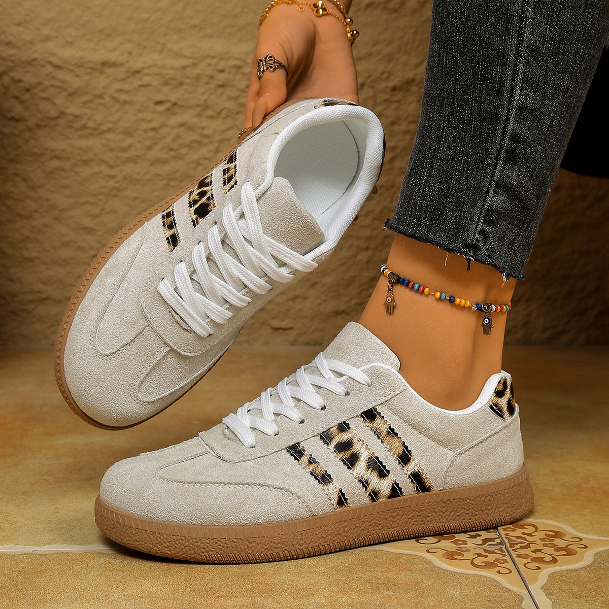 Springautumn New Vintage Leopard-print White Shoes Round-toe Lace-up Large-size Casual All-match Sneakers