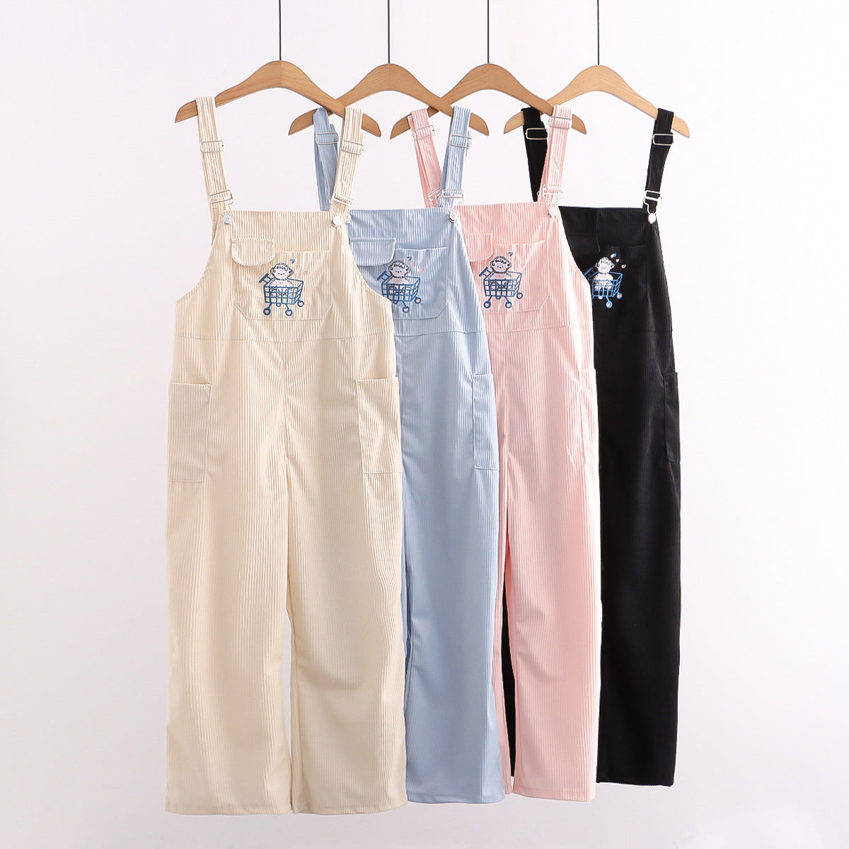 Korean Student Girl Corduroy Overalls Shopping Cart Embroidery Straight Leg Casual Trousers Women